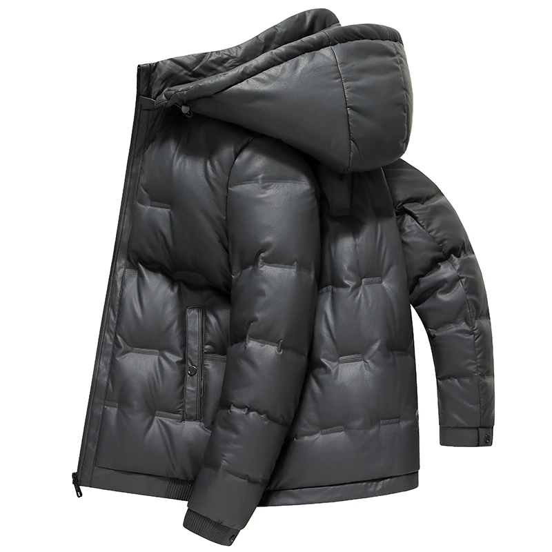 Men Duck Down Jackets Winter Outwear Solid Color Hat Detachable Warm Puffer Coats Windproof Loose Padded