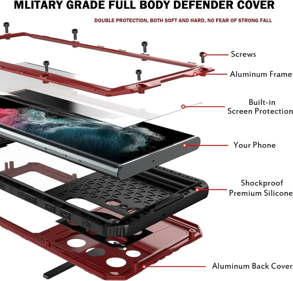 For Samsung S23 Ultra S22 Plus IP68 Waterproof Heavy Duty Armor Aluminum Metal Case Shockproof Cover Built-in Screen Protector