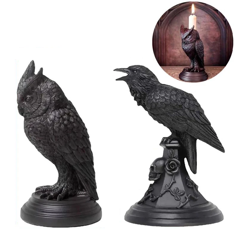 Gothic Crow Candle Holder Retro Black Owl Candlestick Resin Sculpture Craft Halloween Statue Fun Atmosphere Home Decoration