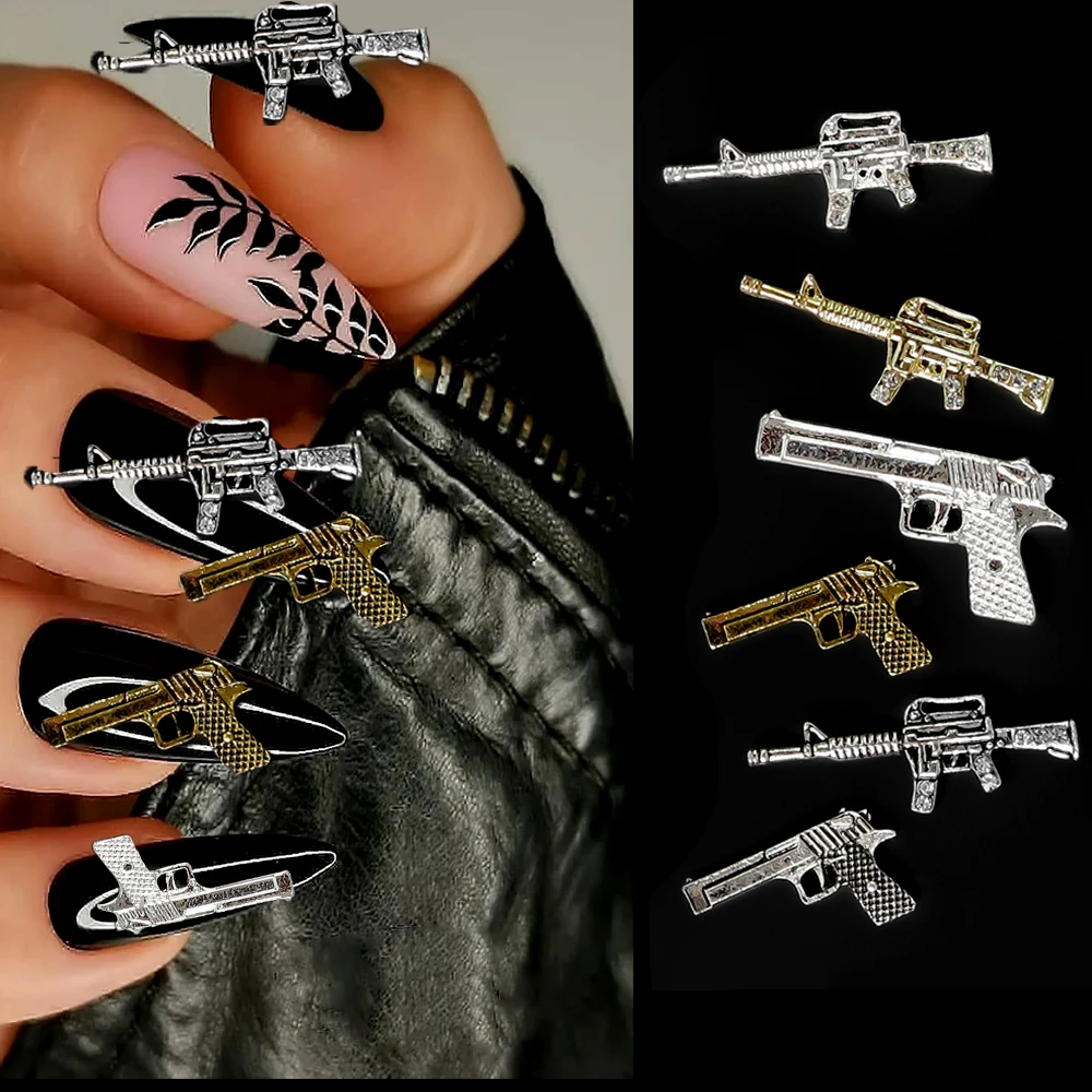 

10Pcs 3D Alloy Gun Nail Charms 30X11mm Over-Size Metal Gun Nail Art Decorations Gold/Silver Luxury Gun Manicure Accessoriess je-
