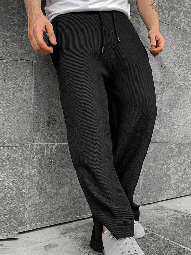 Harajuku Solid Loose Ribbed Pants Men 