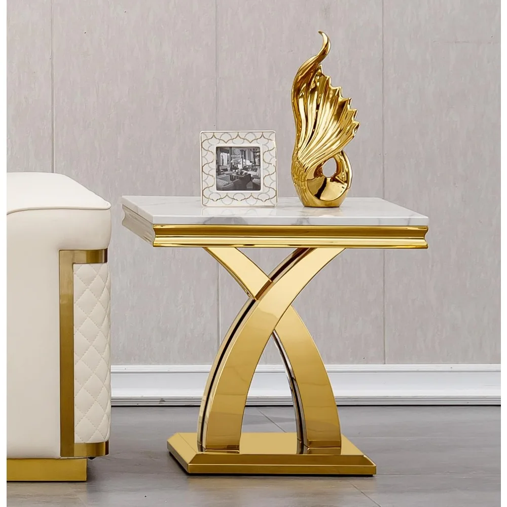 Square End Table,22.8" Modern White Faux Marble Side Table,Nightstand Bedside Table Small Accent Table with Gold Mirrored Finish 4