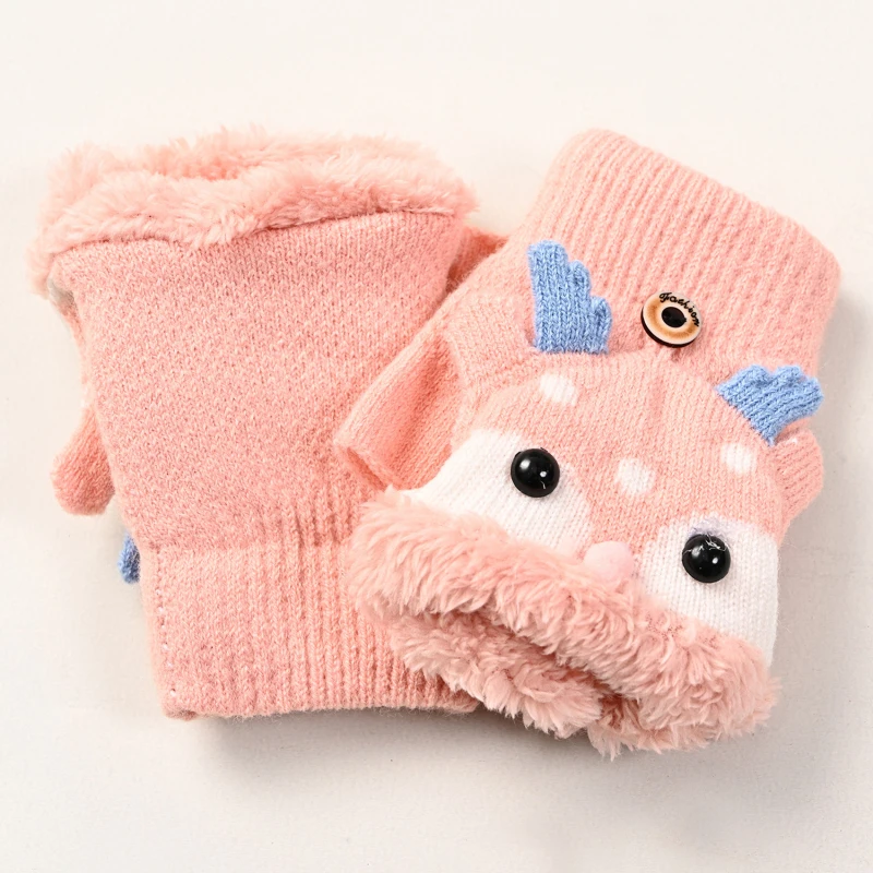 Children Winter Gloves Christmas Cartoon Elk Flip Half-Finger Mittens For Girl Boy Kids Warm Plush Lined Fingerless Glove 4