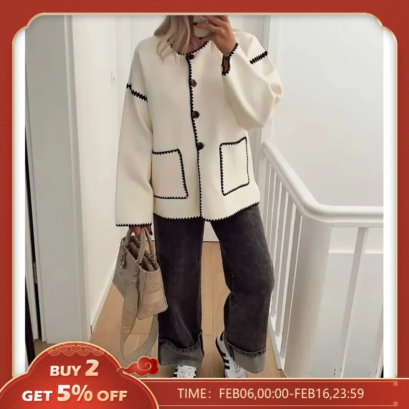 Abrigo acolchado de colores contrastantes para mujer, abrigos sueltos de una sola botonadura, Tops de calle cálidos informales que combinan con todo, Otoño e Invierno