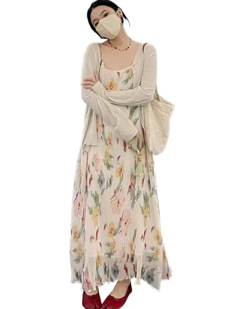 

Round Neck Beach Dress A-Line High Waist Spaghetti Strap Dress New Summer Party Dress Women Elegant Luxury Chiffon Print Dress