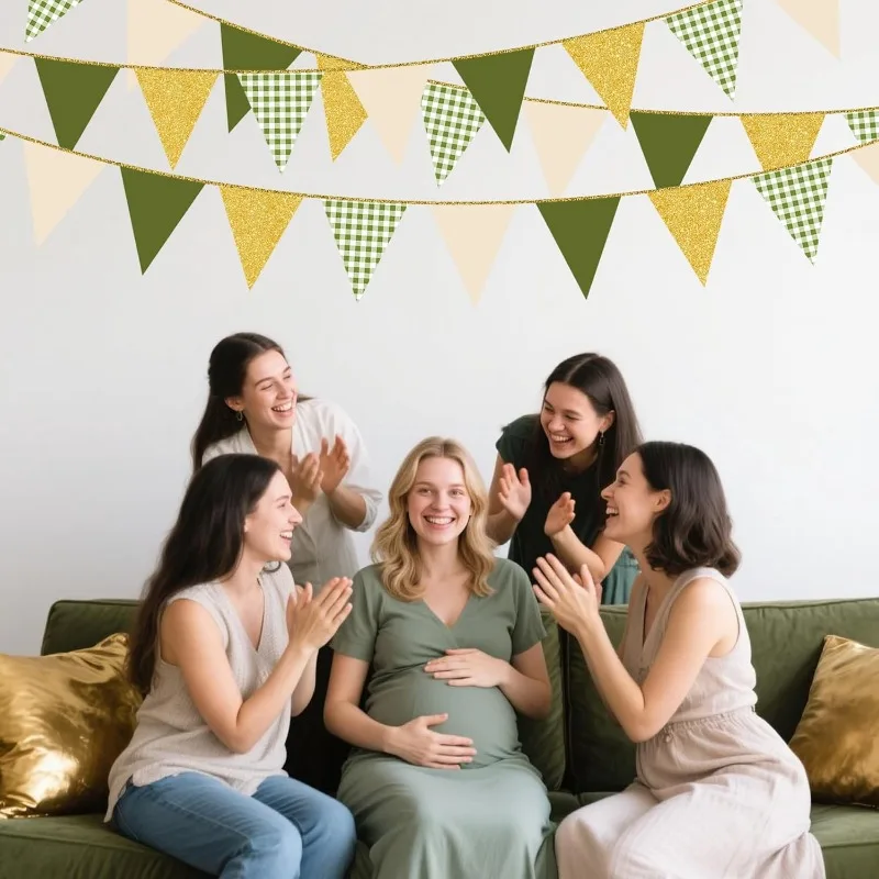 Sage Green Gold Plaid Pennant Banner - Festive Paper Triangle Bunting