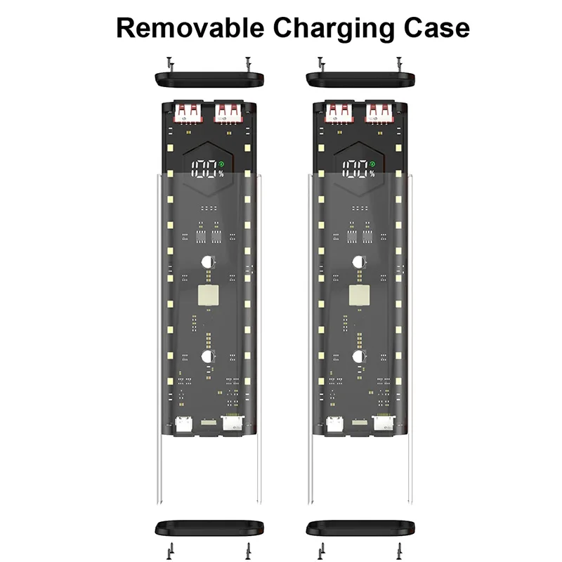 Transparent 4-Port 22.5W Fast Power Bank Solder-Free 4-Cell 21700 Battery Case Portable PD Battery Storage Box with OutdoorLight