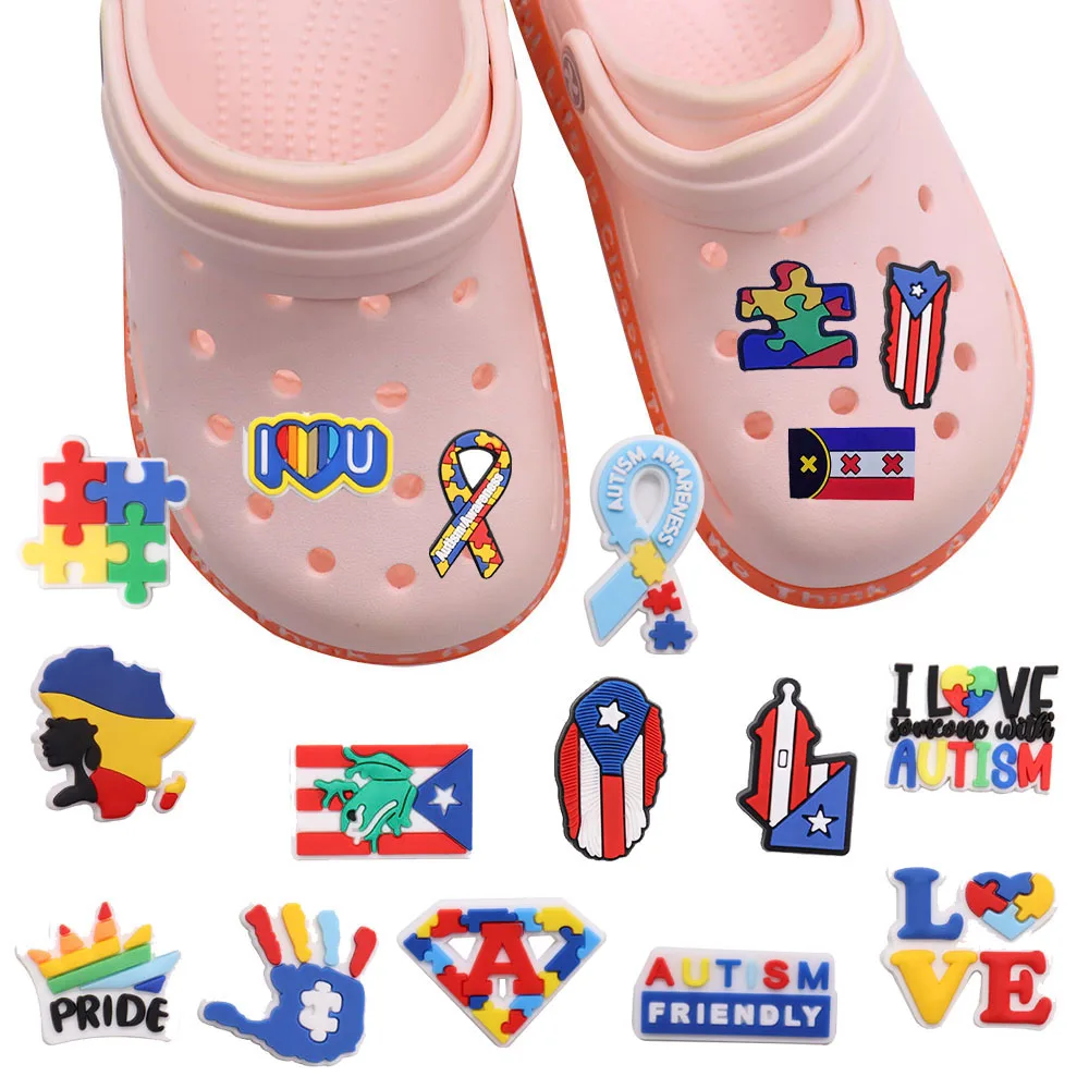 

Wholesale 50pcs Shoe Charms Colorful Puzzle Palm Love Accessories PVC Shoe Decoration For Wristbands Croc Jibz Gift