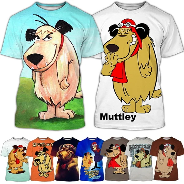 2024 Summer New Fashion Cartoon Muttley Wacky Races 3D Printed Men'S Casual Funny Girocollo Manica Corta