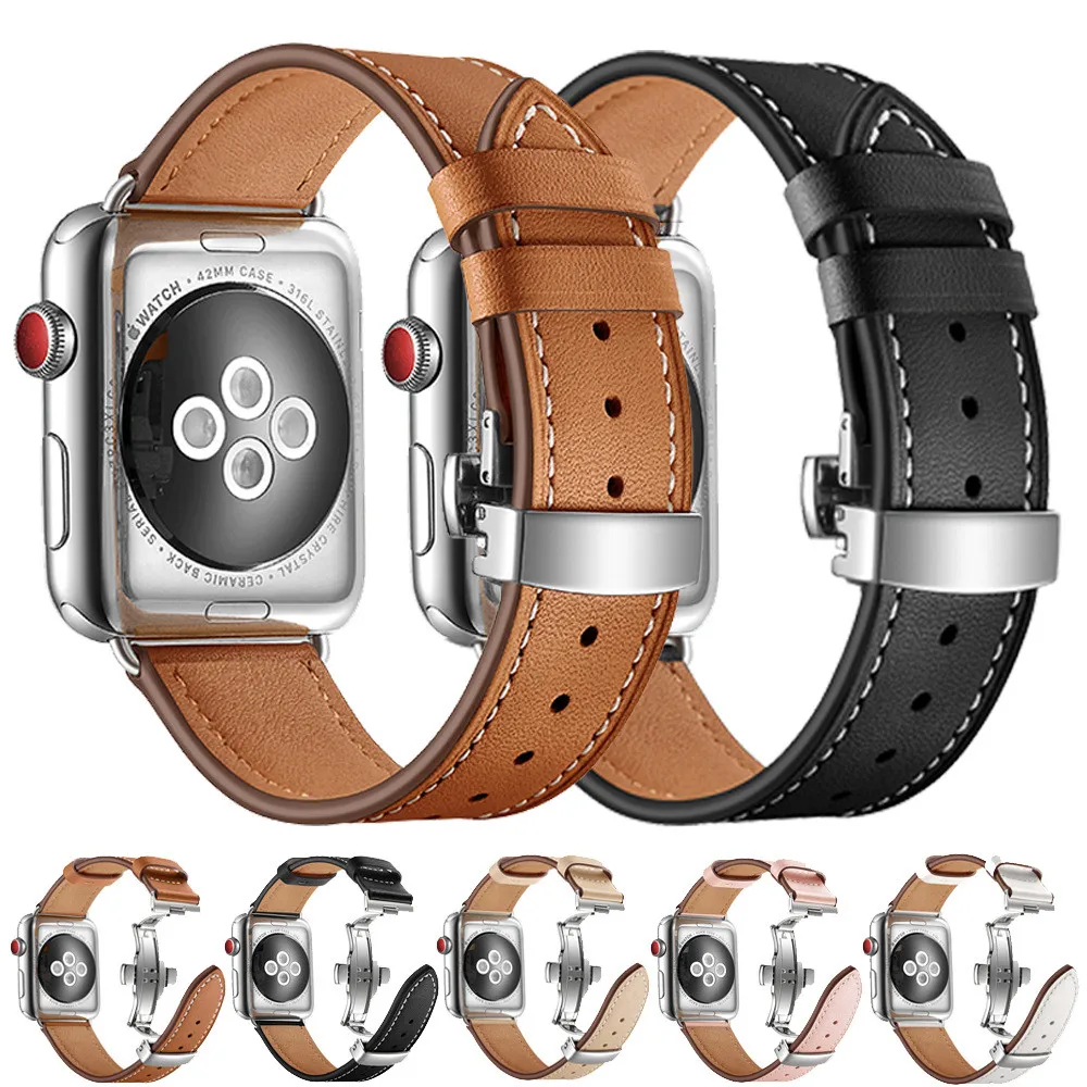 

For Apple Watch Band Genuine Leather Strap Apple Watch 7 6 5 4 3 2 1 SE 45mm 41mm Butterfly Clasp Strap for iWatch 44/40mm 42 38