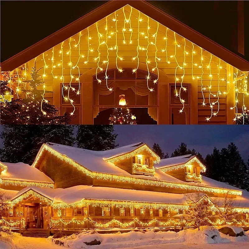 Різдвяні прикраси Festoon Led Icicle Curtain Lights Outdoor Warm White With White Flash Fairy Light Clear Wire New Year 2025