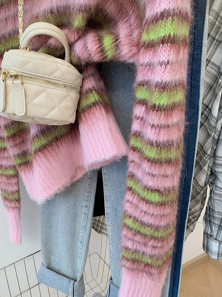 Contrast Color Striped Mohair Sweater for Women Autumn
