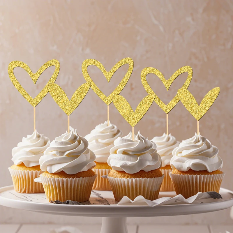YOMDID 24 Stück Herz-Cupcake-Topper, glitzernde Herz-Kuchenaufsätze für Valentinstag, Hochzeit, Geburtstag, Kuchendekoration, Zubehör – Detail 12