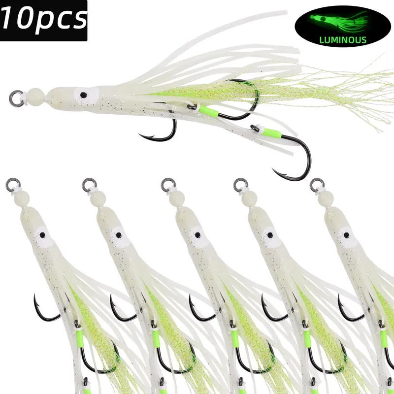 Leurres souples calmar 10pcs avec jupes silicone et hameçons auxiliaires pour pêche en mer