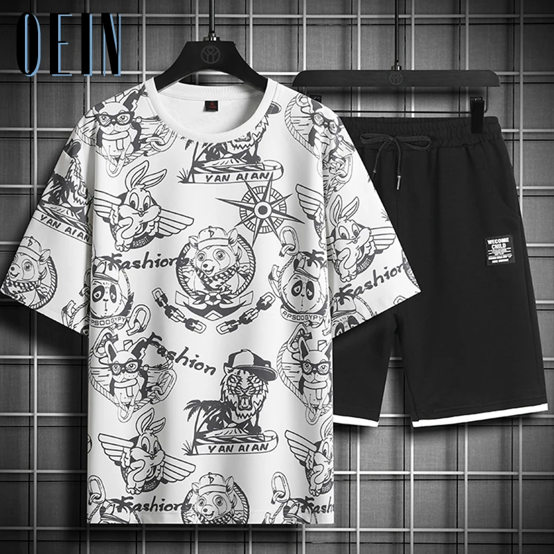 

Спортивный костюм мужской повседневный из 2 предметов, футболка и шорты в стиле Харадзюку, свободная спортивная одежда, костюм для бега, лето 2023