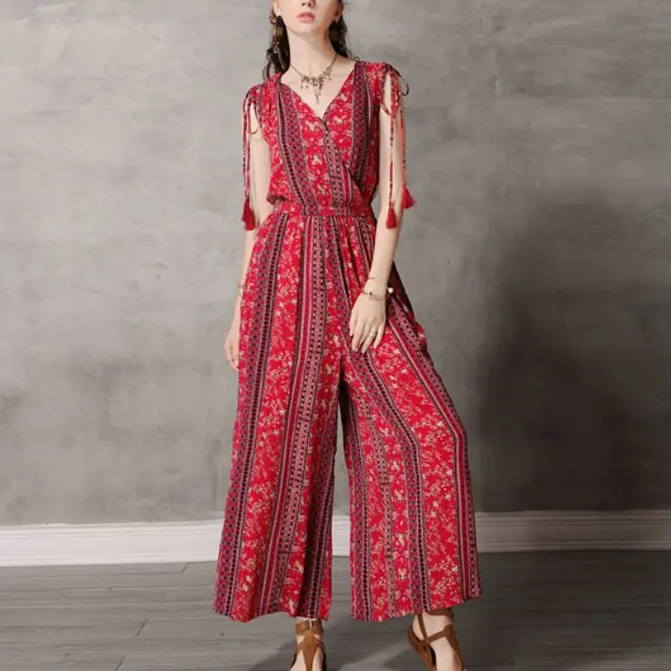 

TEELYNN Red Floral Printing Jumpsuits Overalls V Neck Cotton Tsssel Boho Wind Jumpsuit Bodysuit Ethnic Vintage Lady Woman Romper