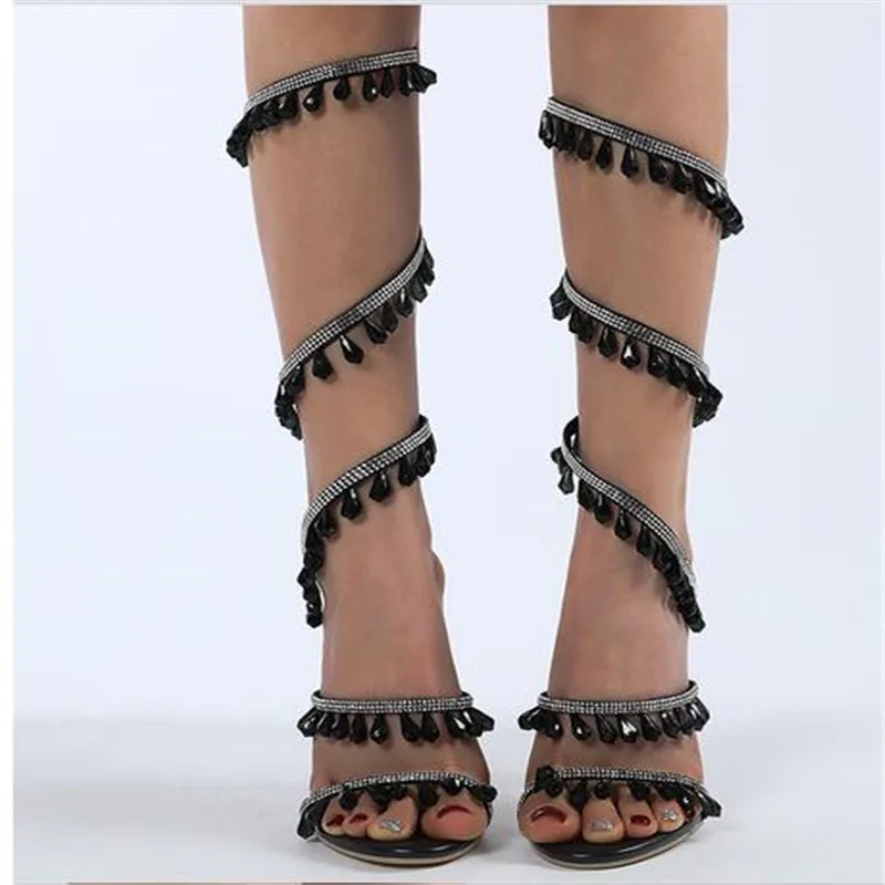 2023 New Women's Sandals Luxury Rhinestone Wraparound Ankle Women's Stiletto Heels Wedding Shoes Banquet Shoes