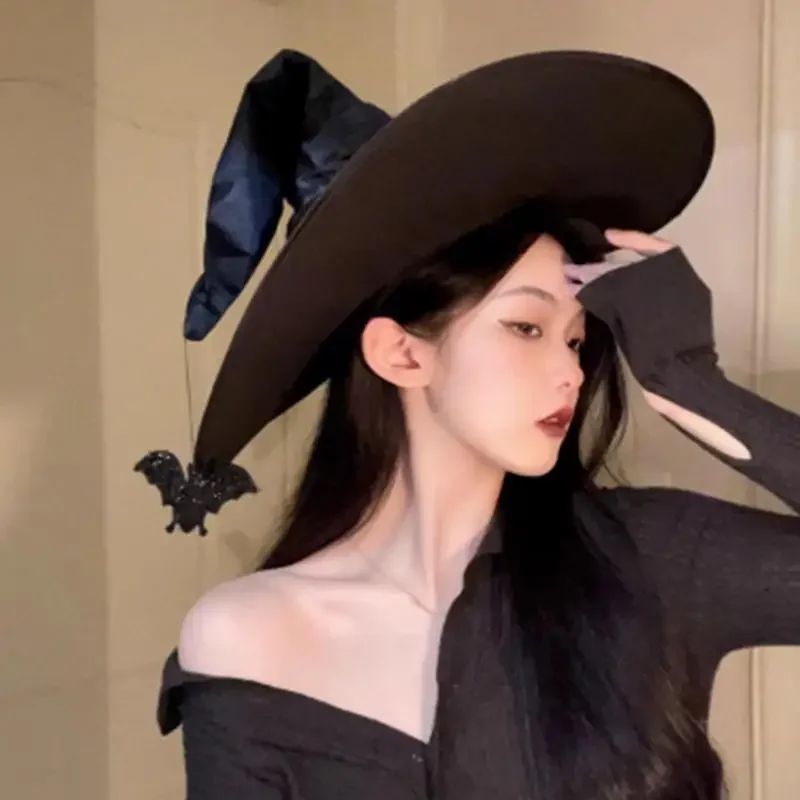 Halloween Folds Witch Wizard Black Hat Party Cosplay Costume Headgear Devil Cap Props Decoration Supplies for Adult Women Men