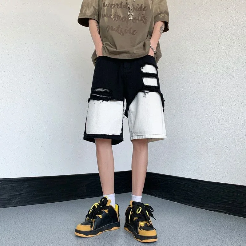 Pantalones cortos de mezclilla para hombre, con parches rotos, negros, para hombre, novedad de Harajuku en la nueva tendencia vintage 2024, ropa de calle Rude Xl