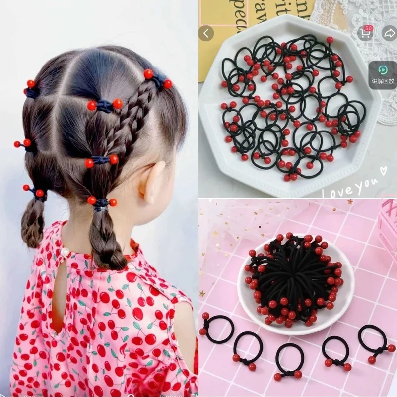 Vibrant Red Bean Hair Bands for Kids - Fashionable Elastic Hair Ties Set