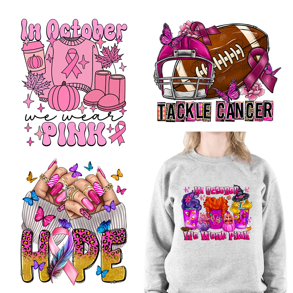 Iron On Breast Cancer Warrior In October We Wear Pink Logo Fight Hope Ghouls Scare Away Cancer DTF Transfer Sticker For Clothes