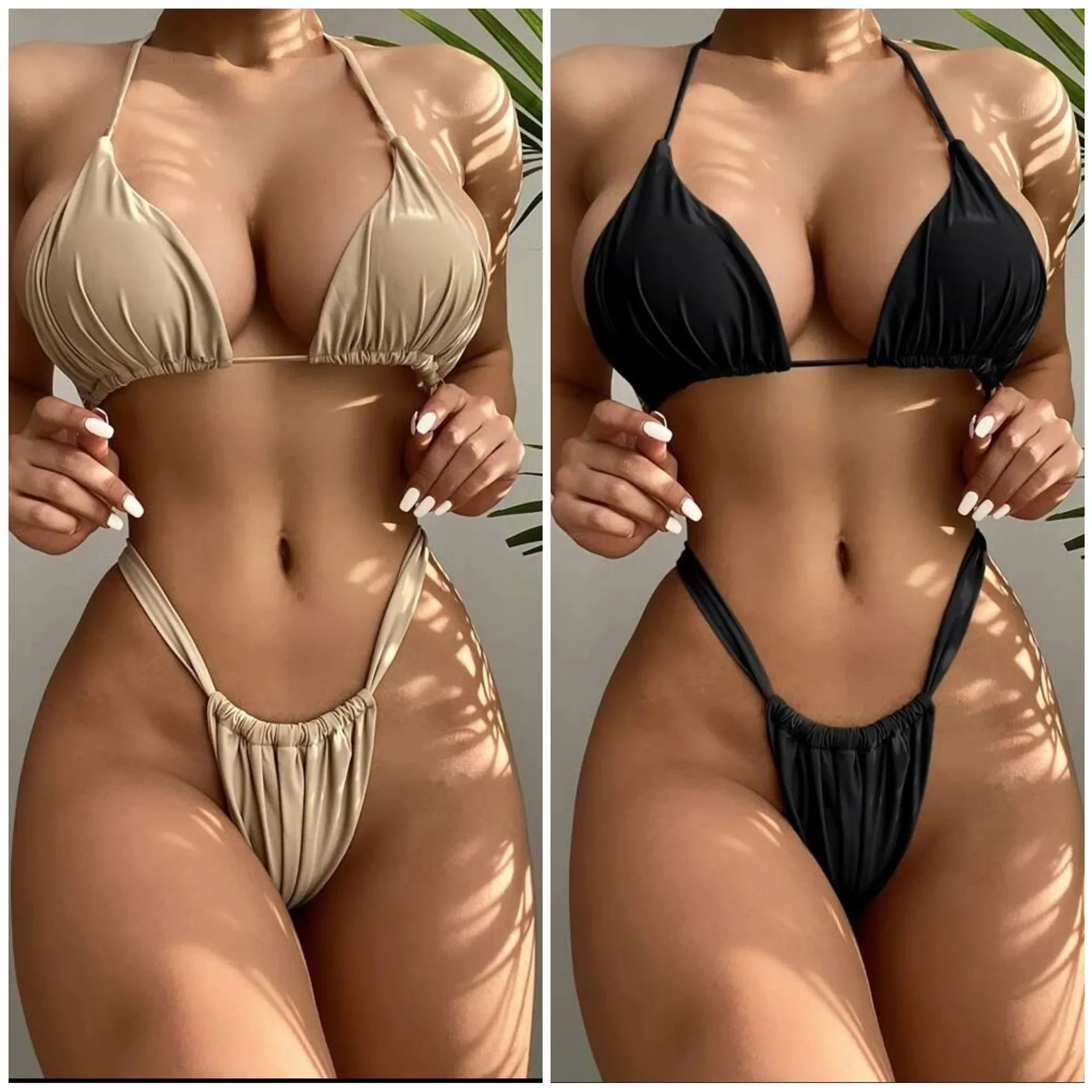 European and American Sexy Solid Color Lace-up Neck Bikini Women Three-point Hot Spring Split Swimsuit