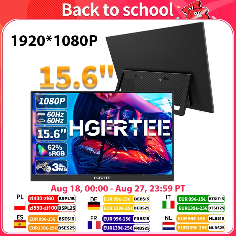HGFRTEE 15,6-calowy przenośny monitor FHD-IPS Panel Drugi ekran do gier na laptopie Rozszerzony wyświetlacz z HDMI typu C