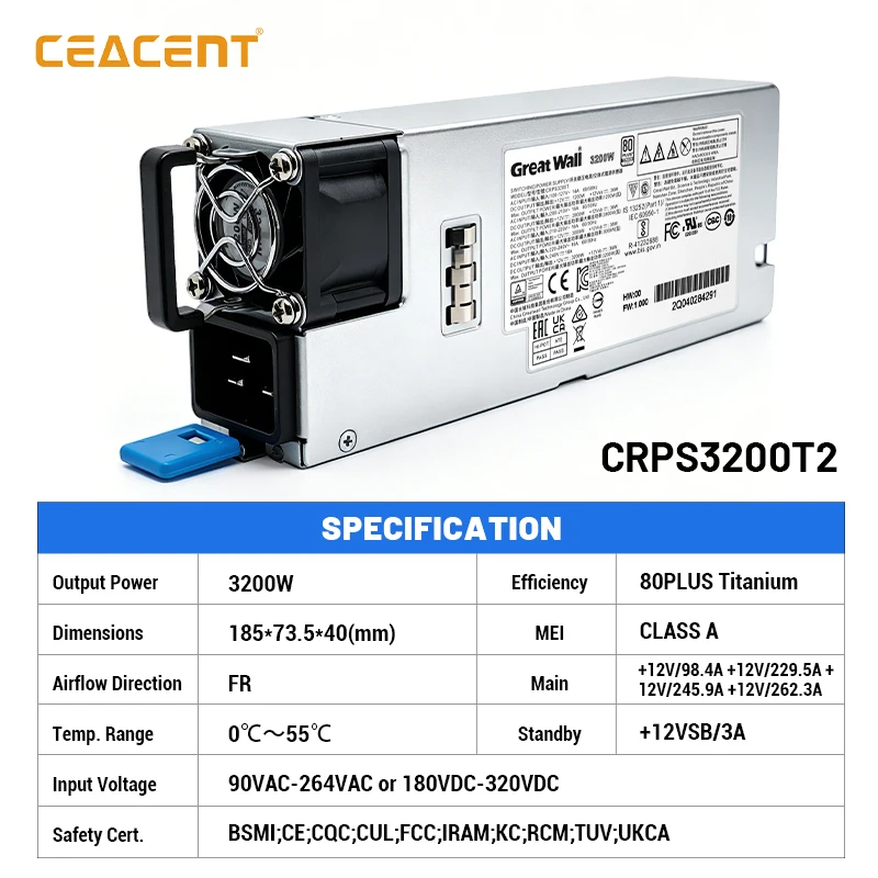 CRPS3200T 오리지널 그레이트 월 3200W 단일 12V PMBus 콜드 레던시 전원 공급 장치 80PLUS 티타늄 핫 스왑 서버 PSU
