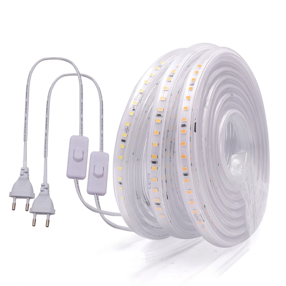 LED Strip Light 220V Waterproof 2835 SMD 120LEDs/m High Brightness Flexible  LED Ribbon With EU Switch Plug For Home Garden Decor