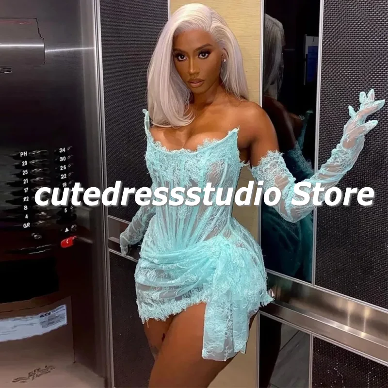 Little Black Cocktail Dresses With Gloves Strapless Lace Short Prom Gowns for Women Birthday Party Dress Vestidos De Graduaci&oacute;n