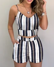 

Print Slim Sling Shorts Suit Women Two Piece Set 2021 Summer Casual V-neck Sleeveless Top & Open Navel Shorts Suit Bohemia Suit