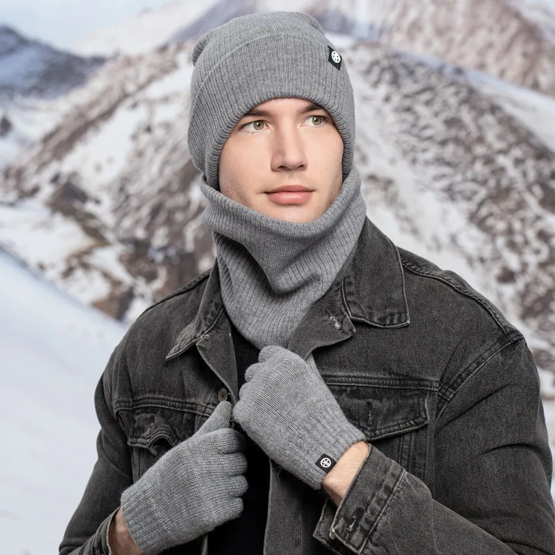 Men Women Winter Warm Wool Hat Scarf Gloves three-piece Set Windproof Knitted Hat three-piece Set Gorro Mujer Invierno Scarf