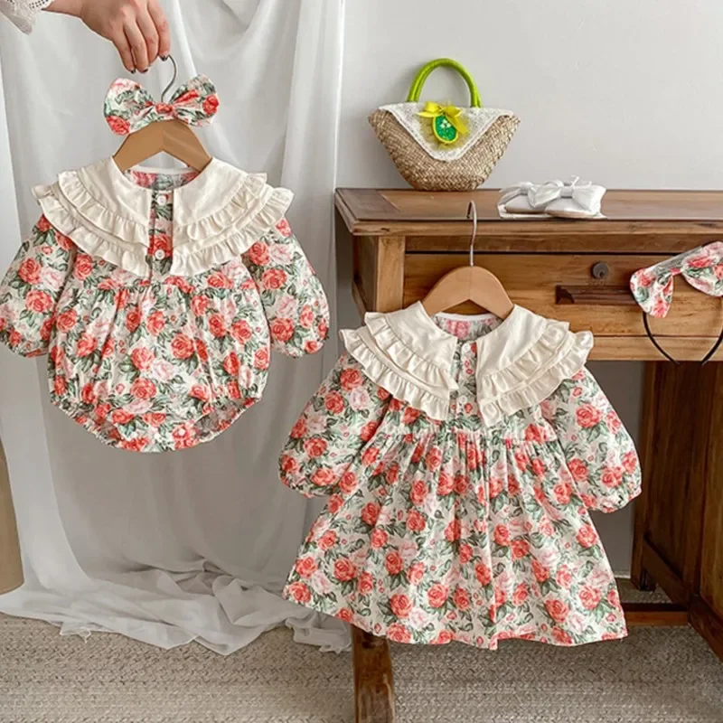 

2024 Baby Girls Cotton red Flowers Dress/Romper+Headwear,Sister Wear Sweet Lace Collar Birthday Princess Clothes Kids Vestido