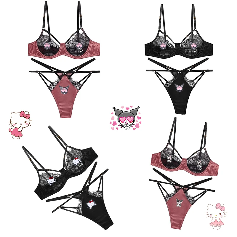 

2Pcs New Underwear Anime Kawaii Hello Kitty Sexy Straps Bra Kuromi Melody Lace Embroidery Ladies Sexy Temptation Costume Gifts