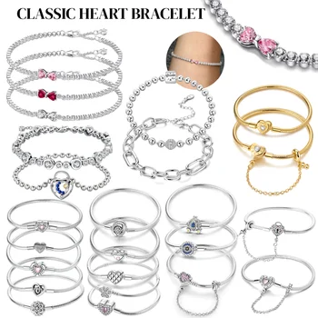 2025 Valentine New 925 Silver Pink Bow Full Diamond Bracelet Original 17-20CM Fit DIY Charm Women Birthday Jewelry Gifts 1