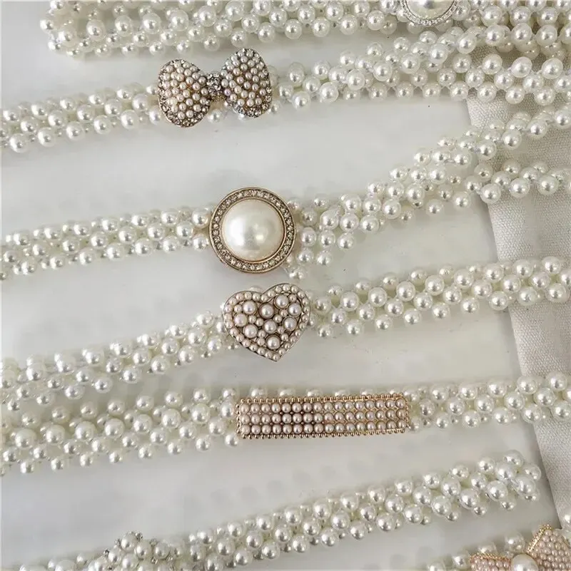 Denim Lace Hand-beaded Pearl Decoration Wide Belt main image 0