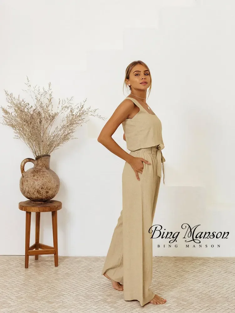 2023 New Spring Cotton Linen Pajamas Women's Tank Top Sleeveless Long Pants Loose Fitting Pajama Set Fashion Homewear