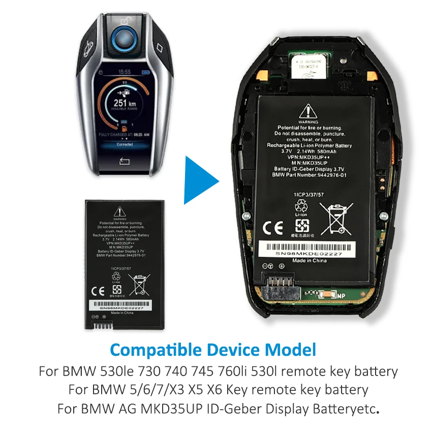 Bateria Remota da Chave do Lcd Bmw x3 x4 x5 x6 x7 530le 730 740 745 760li 944297601 1icp3 37 57 D80788 6814351 Mkd35up - Imagem 3