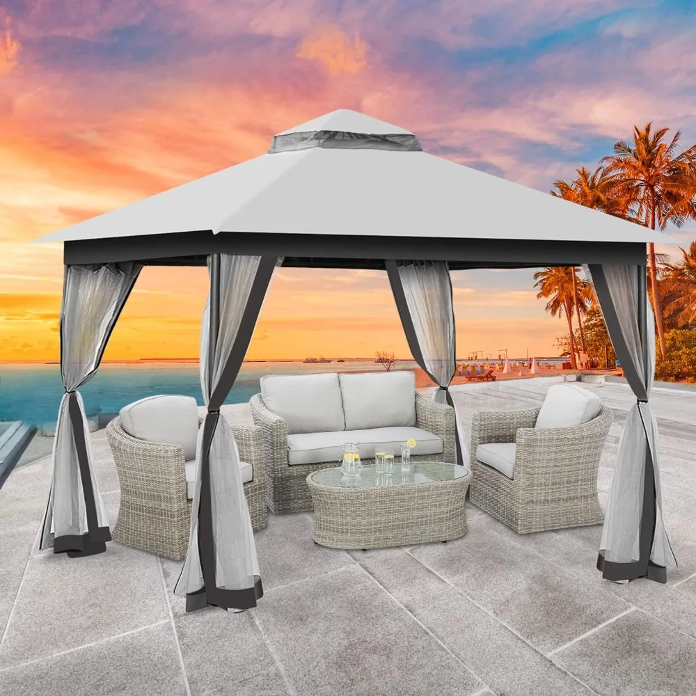 

10x13 Outdoor Patio Gazebo with 4 Sandbags, Waterproof Gazebos Canopy with Netting Screen Walls & Deck and Lawns, Patio Gazebo
