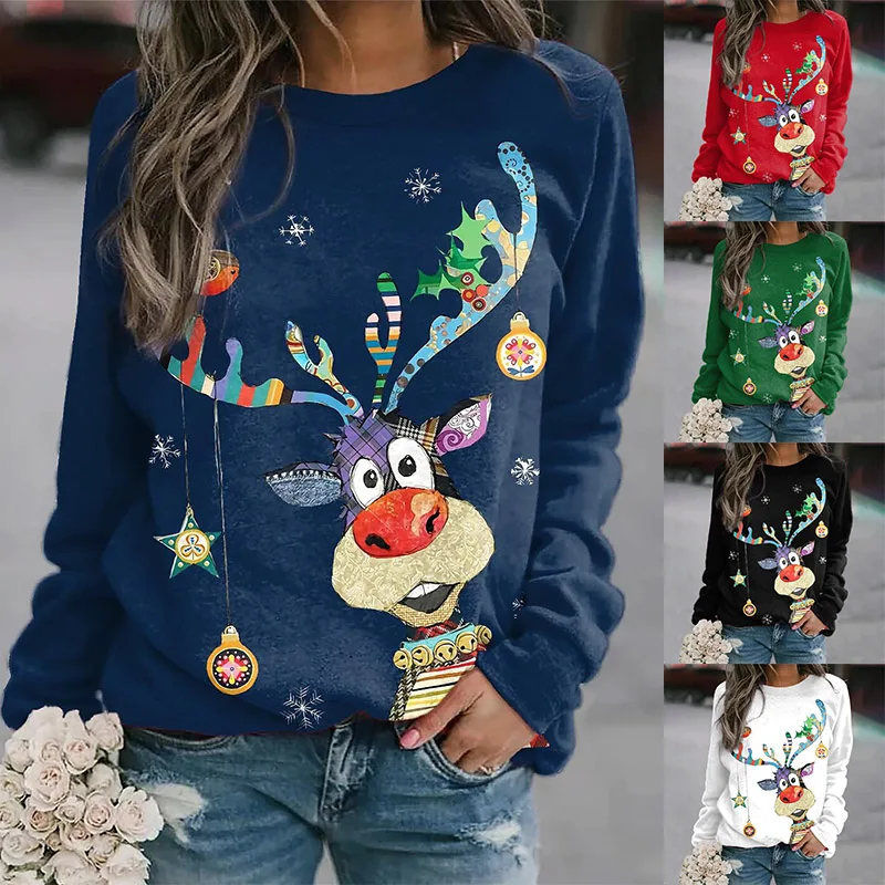 Suéter de manga larga con estampado de animales para mujer, Tops elegantes Vintage, camiseta de muñeco de nieve de moda callejera, cuello redondo, Otoño e Invierno