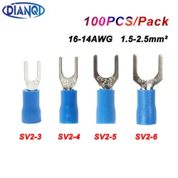 Blue Furcate Cable Wire Connector - 100 Pack Pre - Insulating Fork Spade 16 - 14AWG Crimp Terminals (SV2 - 4)