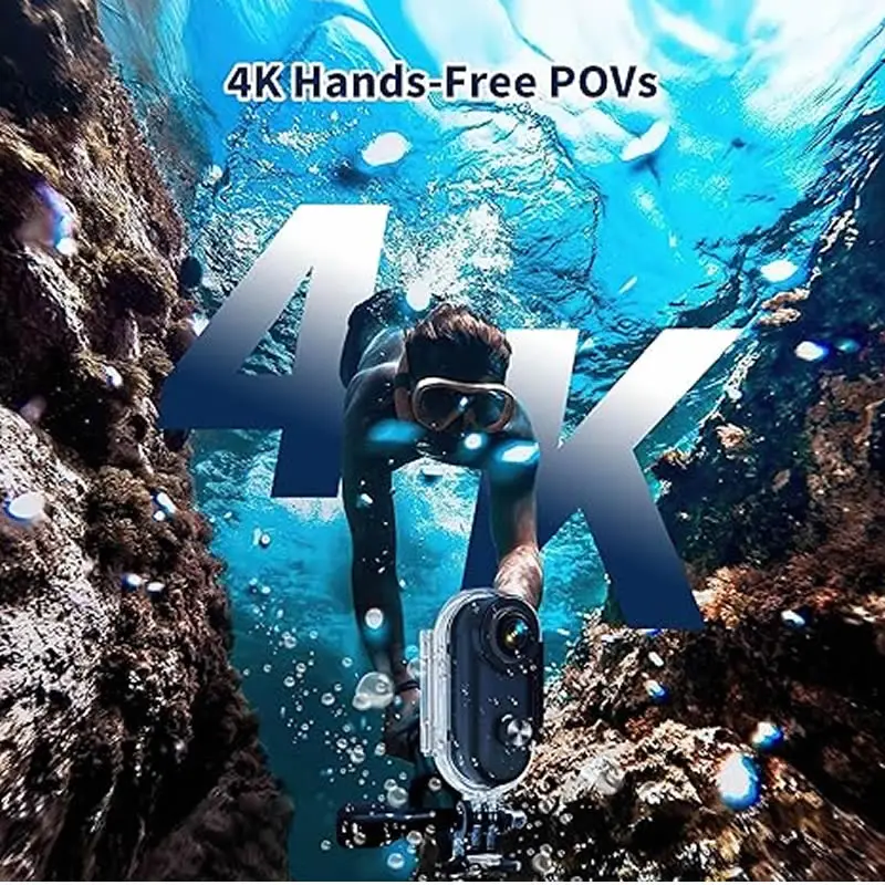 Caméra Action UHD Pro 4K avec carte TF 64Go capturant un surfeur dévalant une vague.