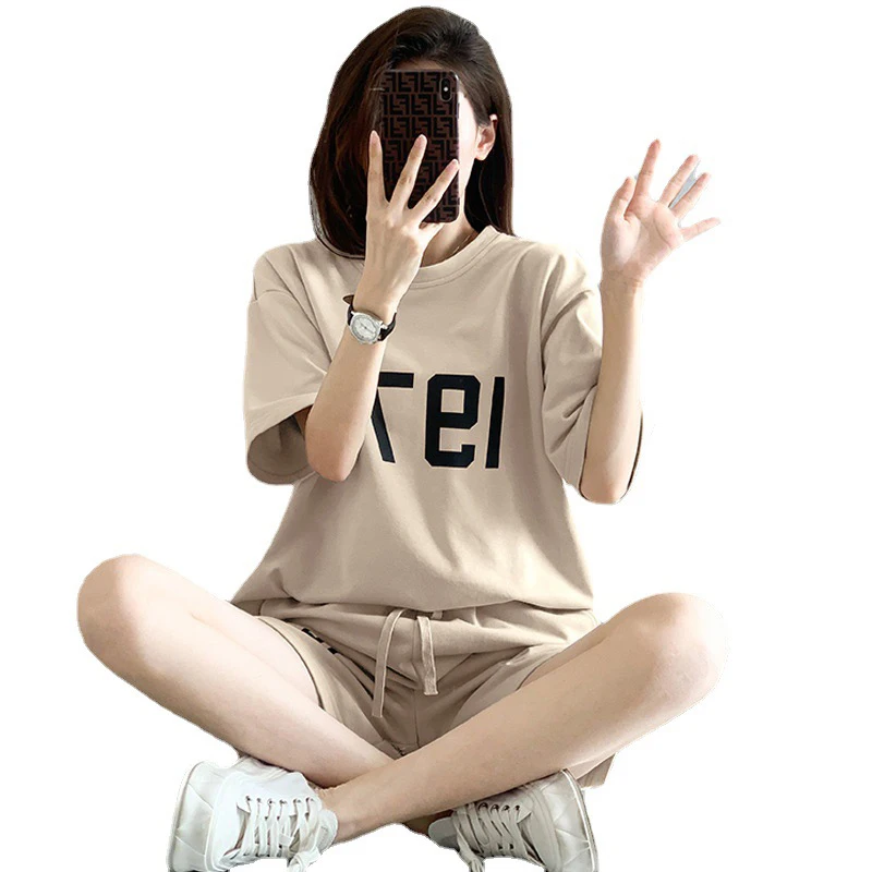 Summer Sports Chic New Loose Casual Short Sets Women Young Style Minimalist Letter Short Sleeve Round Collar Drawstring Clothes