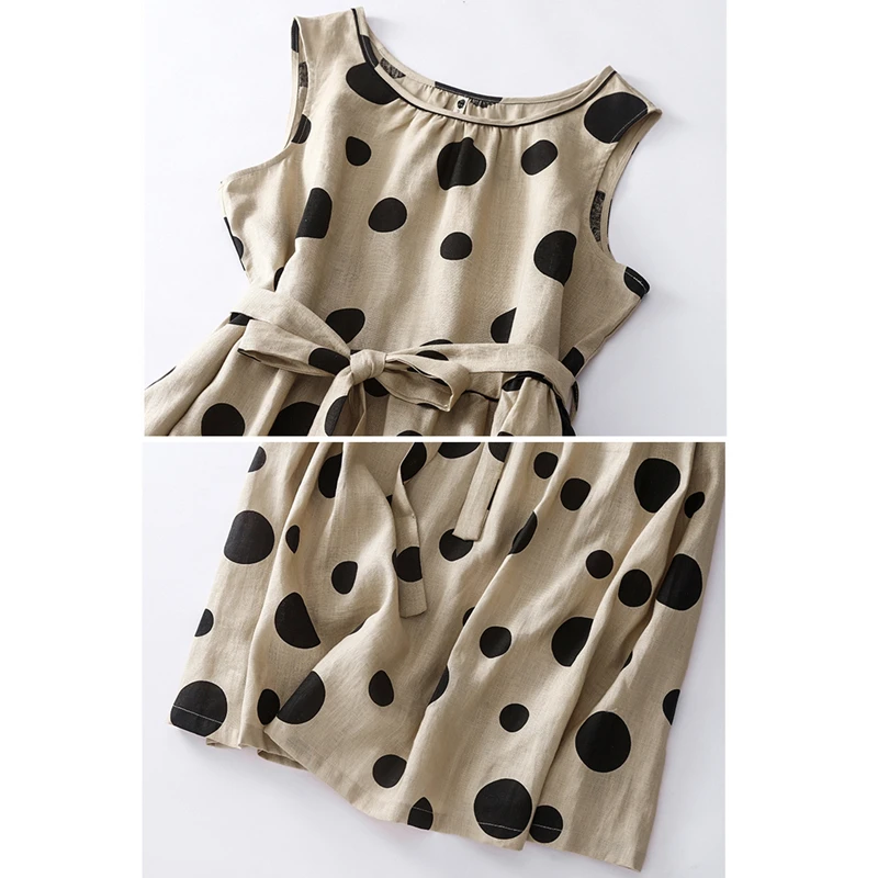 2025 Summer Dress Korean Fashion New Arts Style Women Sleeveless Polka Dot Print All-Matched Casual Cotton Linen Tank Dresses