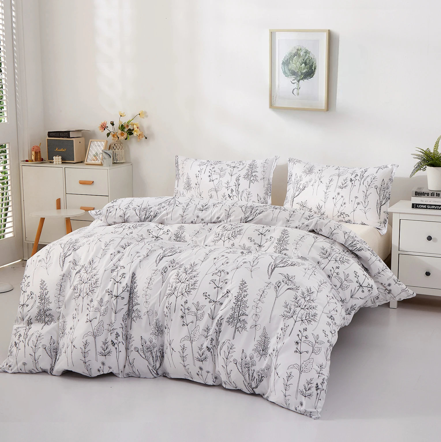 Parure de lit à Branches blanches et noires, ensemble de literie pour lit Double, housse de couette en microfibre, taie d'oreiller, 3 pièces