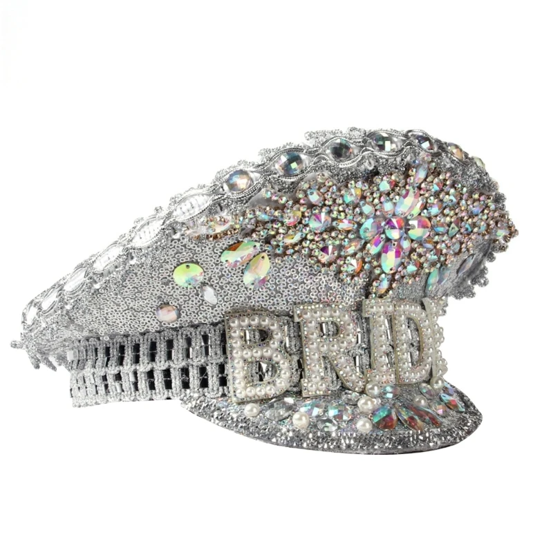 

M89E Bejeweled Captain Hat Crystals Hat for DISCO House Cocktail Parties Vacation Crystals for Bride