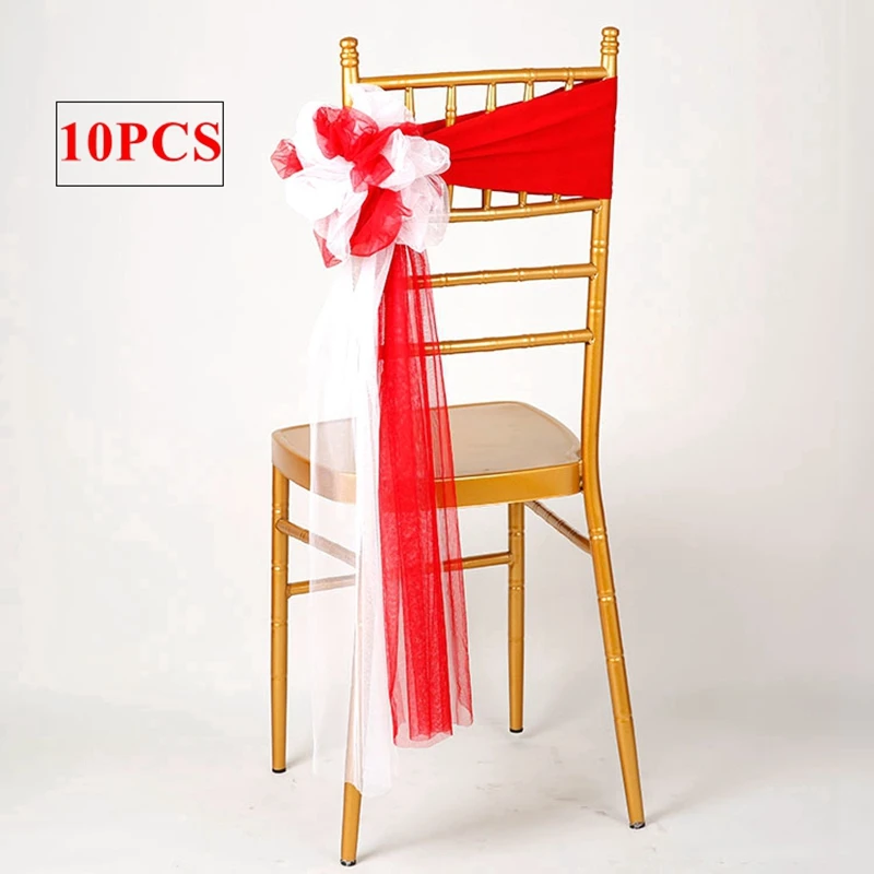 

White & Red Chiavari Lycra Chair Band With Organza Sash Ball For Wedding Chair Cover Event Party Hotel Decoration