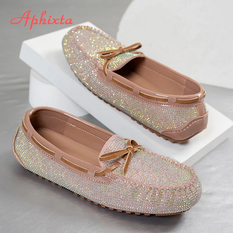 Aphixta 2025 New Luxury Crystal Shallow Woman Shoes Pink Bow Loafers Spring Woman Fashion Shoes Concise Rubber Sole Shoes Woman