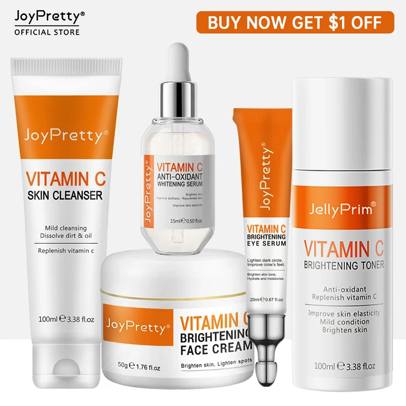 Joypretty 5pcs Vitamin C Face Skin Care Set Whitening Brighten Moisturizing Facial Kit Face