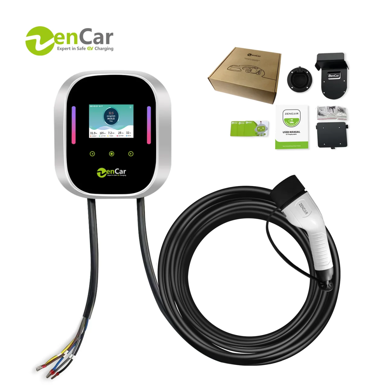 젠카 공장 EV 충전기 7kW 월박스 32A 충전 스테이션 (대형 화면 타입 2 플러그, WiFi 앱, RFID, IP66, 가정용)